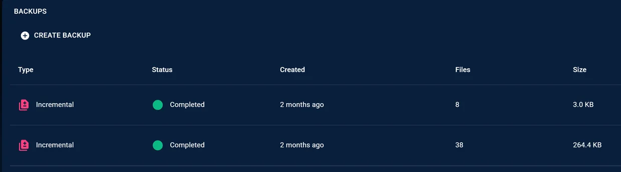 The backups list for a game service, showing two completed incremental backups with view, restore and delete actions.