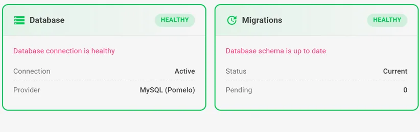 System Health checks for the database and migrations, both marked healthy.