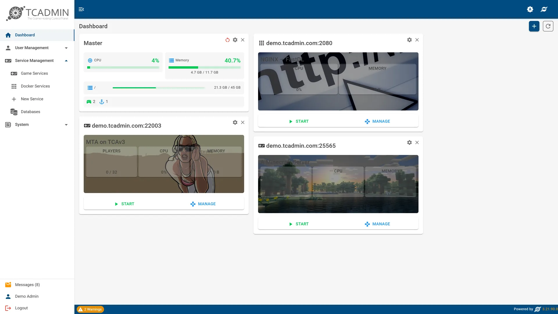 The TCAdmin 3 dashboard showing master server CPU, memory and disk use above service cards.