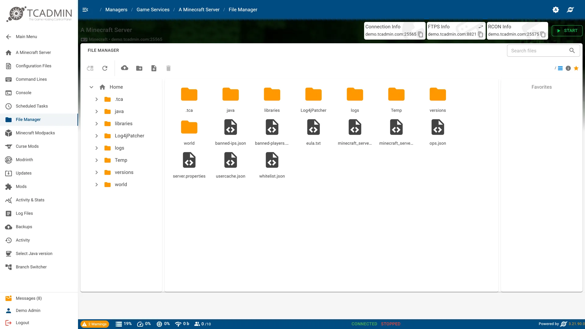 The file manager showing a Minecraft server folder tree and files.