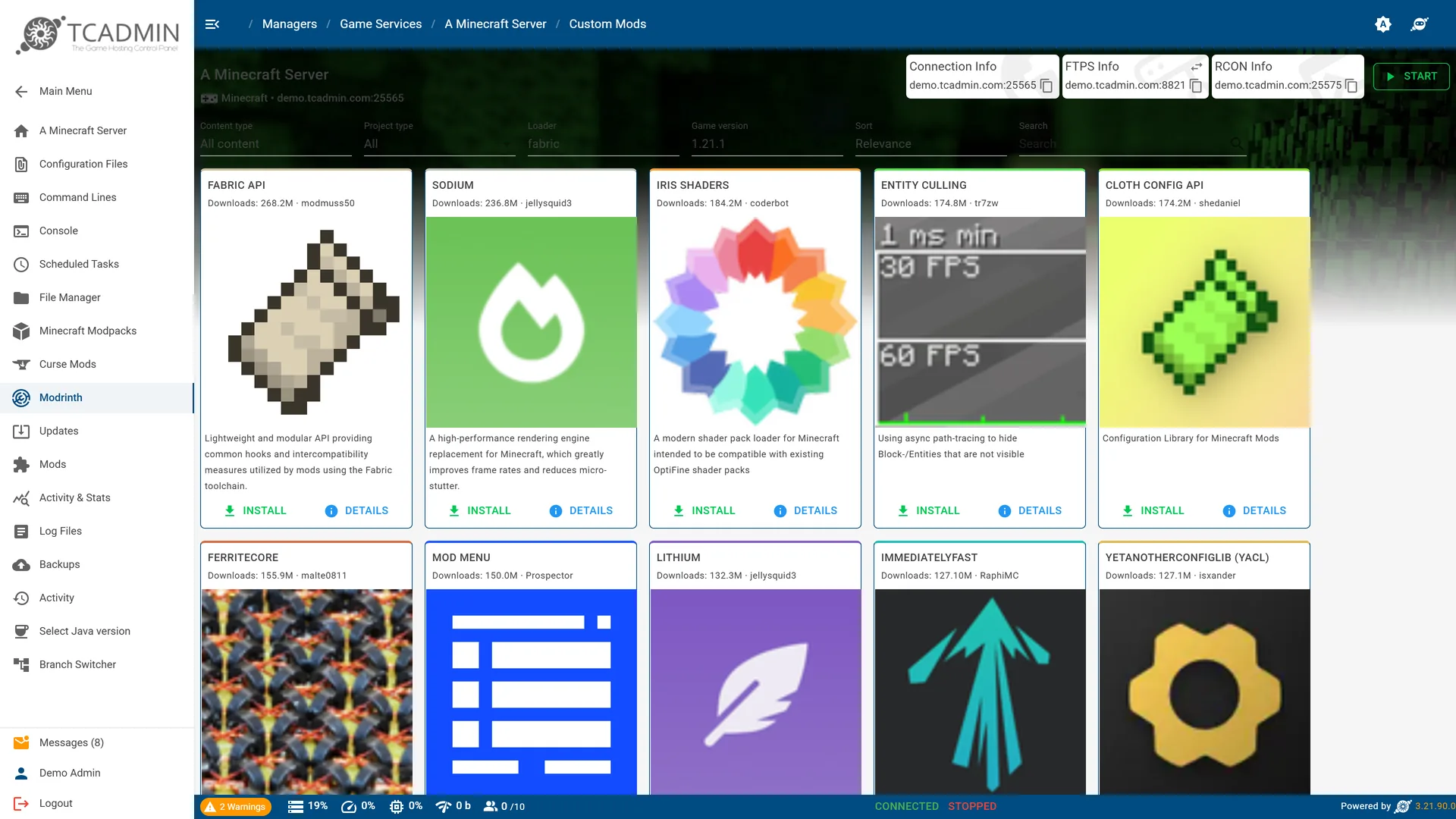 The Modrinth mod browser listing Fabric API, Sodium, Iris Shaders and Entity Culling with install buttons.