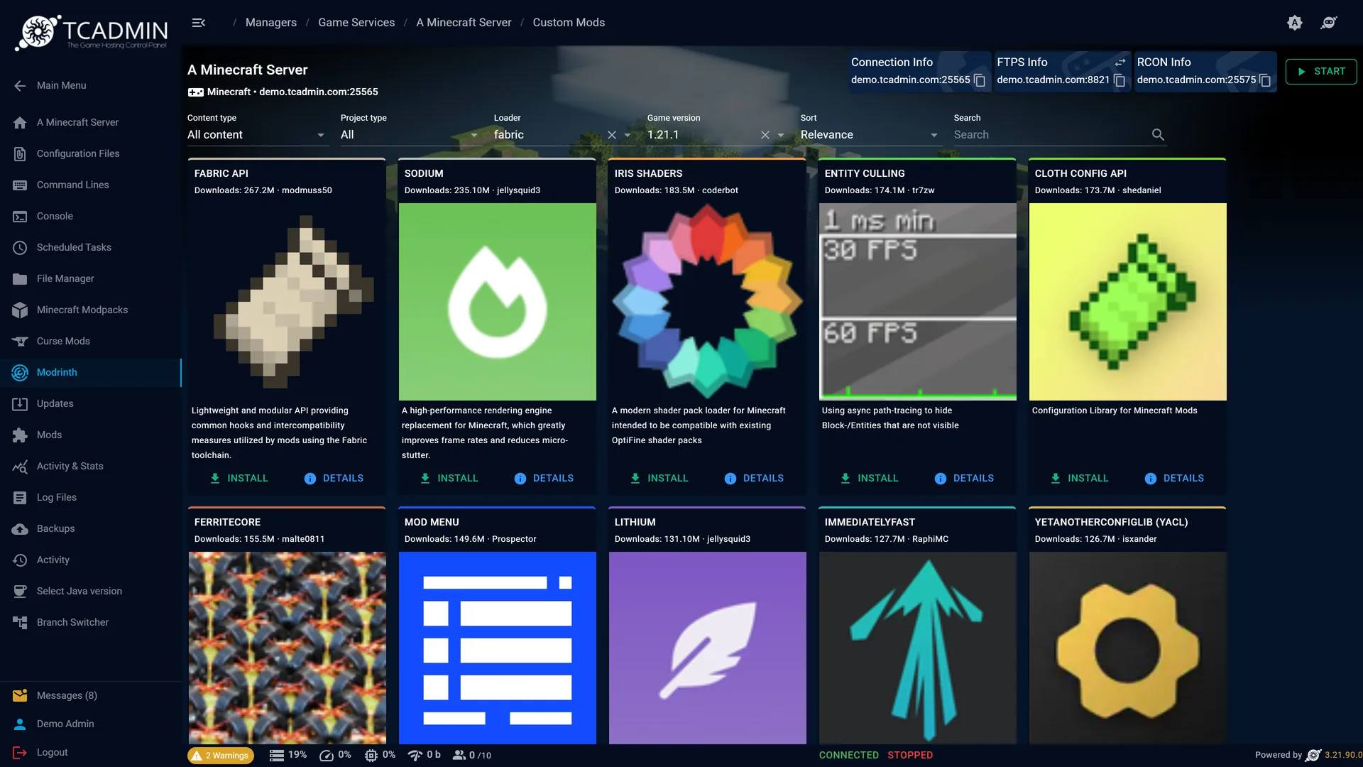 The Modrinth mod browser listing Fabric API, Sodium, Iris Shaders and Entity Culling with install buttons.