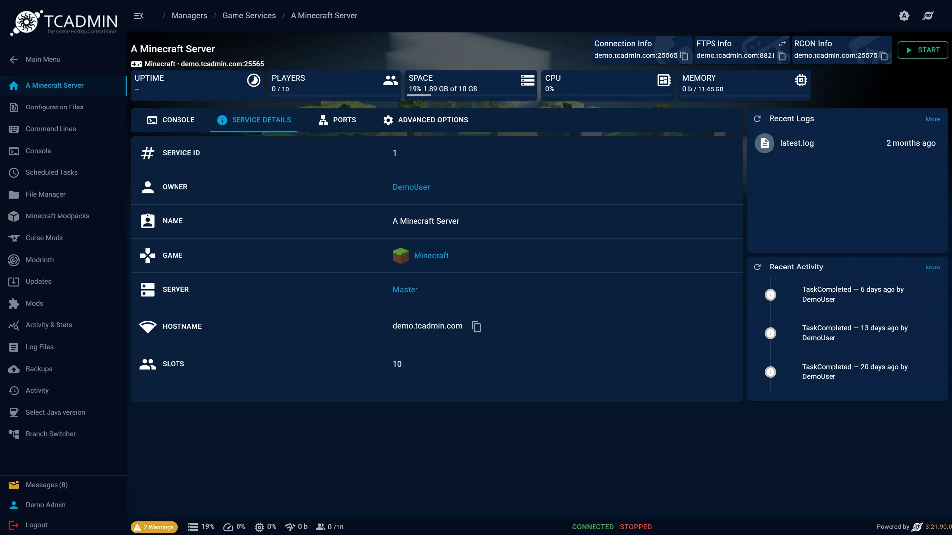 A Minecraft game service in TCAdmin 3 using the default dark theme.