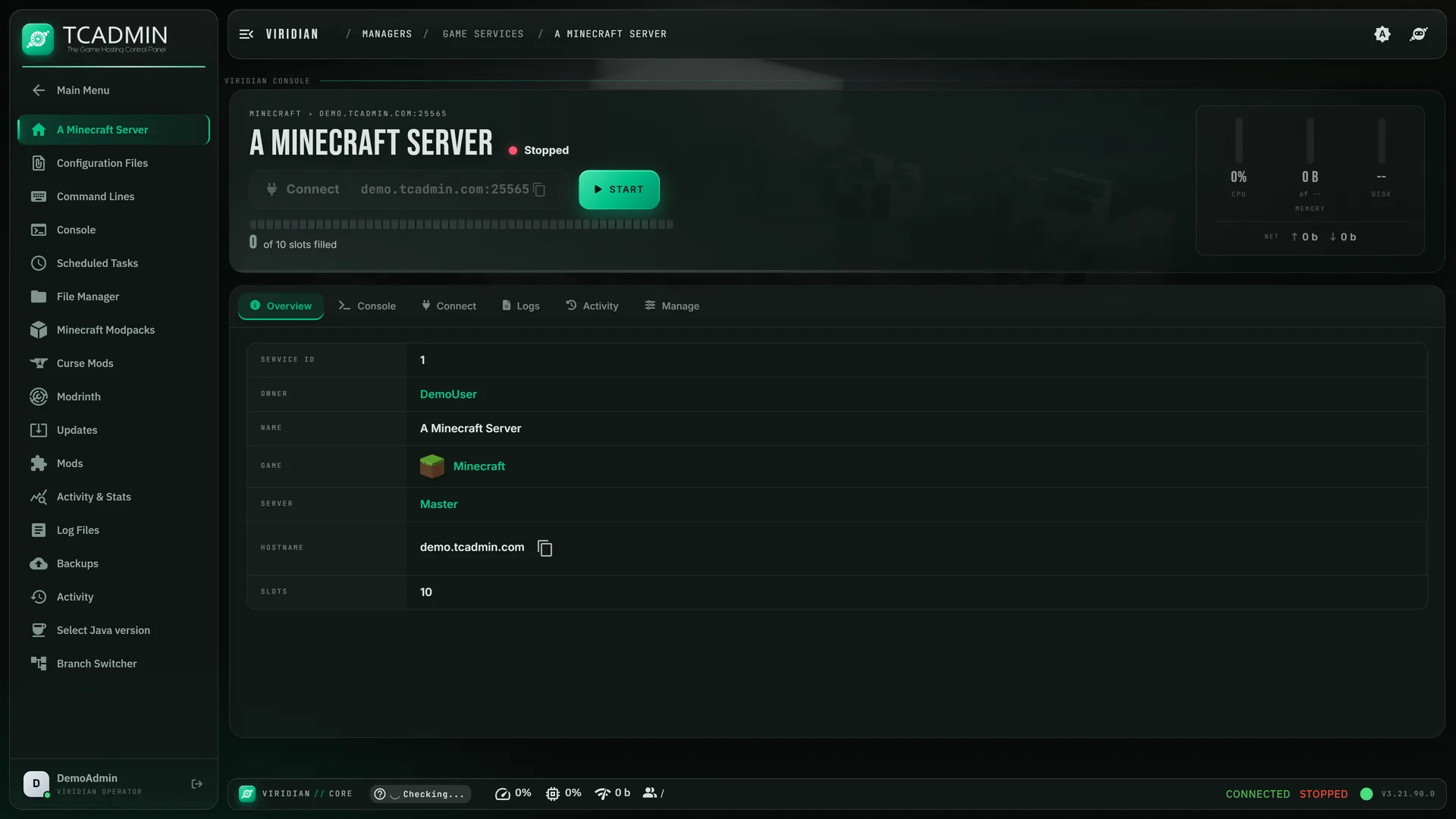 The same service page in the Viridian theme, with green accents and a large server title.